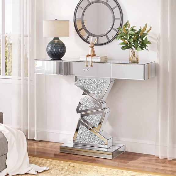 39.7" Modern Mirrored Console Table with Drawer, Glam Diamond Table for Entryway, Silver Glass Hallway Table, Narrow Sofa Table for Living Room, Stacked Triangle Base, Easy to Assemble