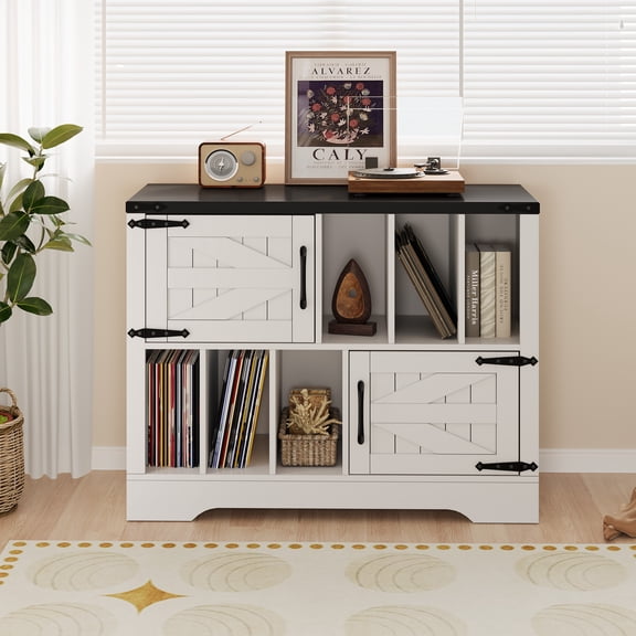 39.7" Record Player Stand with Vinyl Storage, Mid Century Modern Record Player Table with Display Shelf Rack for Albums Books Media Stereo Audio Home Living Room