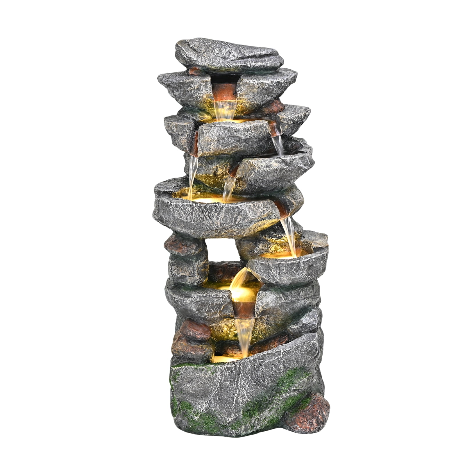 39" 7-Tier Cascading Rock Fountain - With LED Lights & Pump, Outdoor Garden Decor, Self-Contained Recirculating & Weather-Resistant