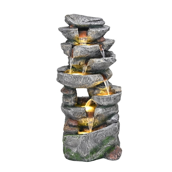 39" 7-Tier Cascading Rock Fountain - With LED Lights & Pump, Outdoor Garden Decor, Self-Contained Recirculating & Weather-Resistant