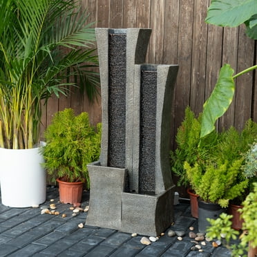 39.76” H Modern Cascading Water Fountain with LED Lights, Indoor/Outdoor Floor-Standing Fountain Featuring 2 Curved Columns for Home, Patio, Garden, or Office Decor