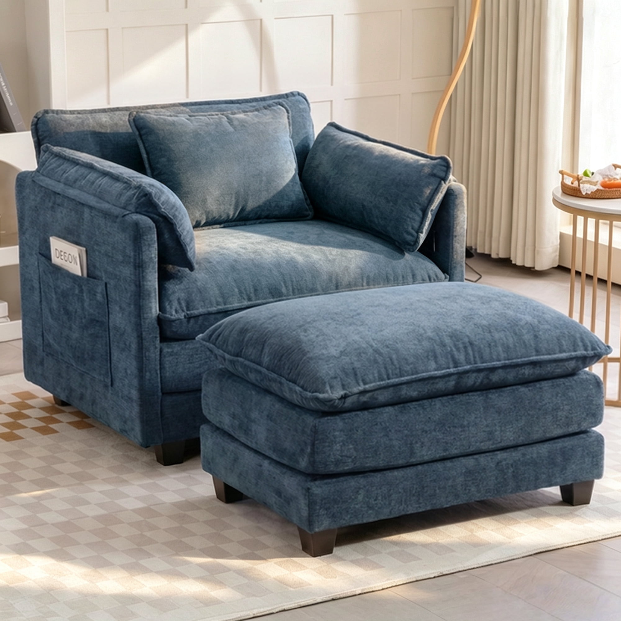 39.76" Oversize Accent Chair wirh Ottoman Armchair Set with Side Pocket