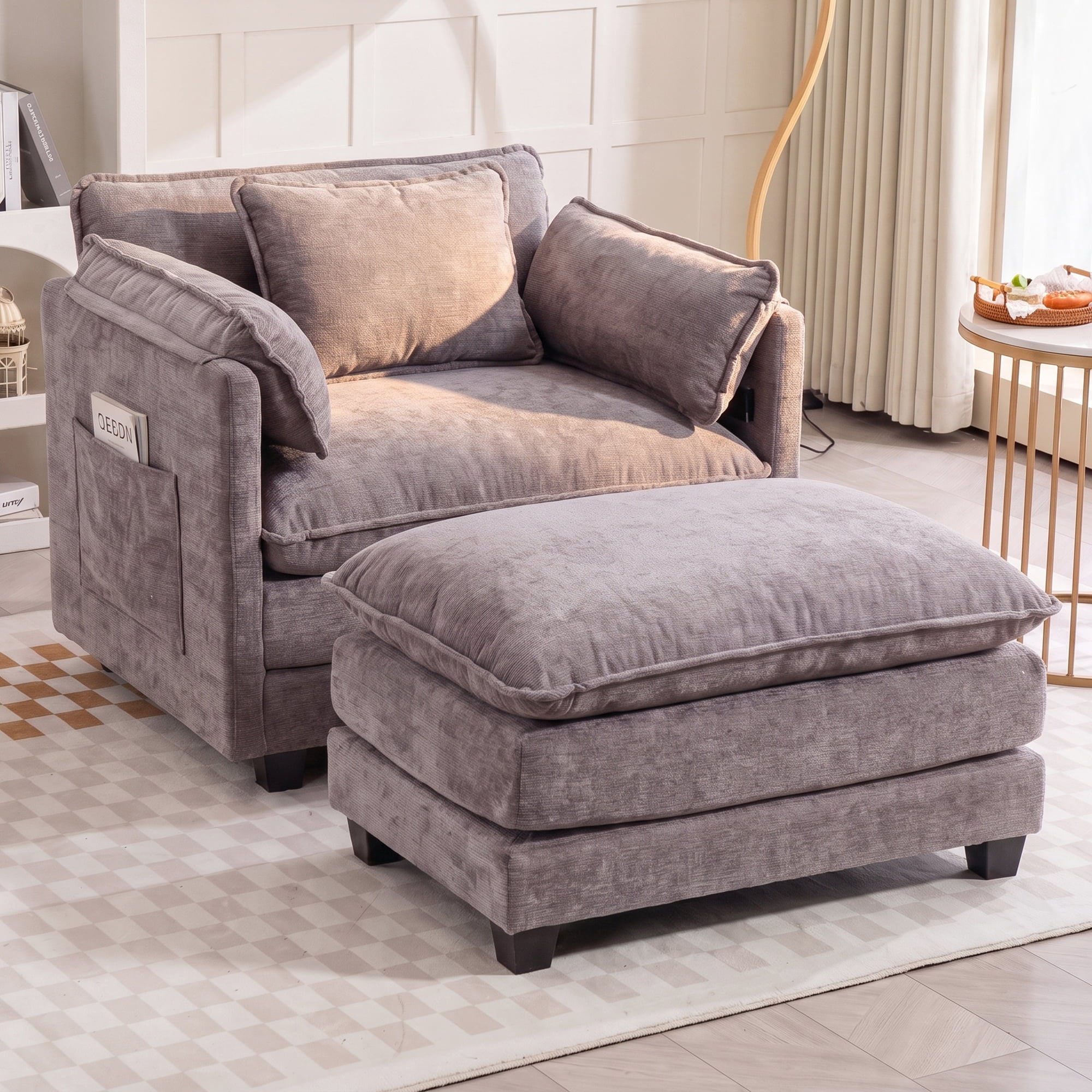 39.76" Oversize Accent Chair wirh Ottoman Armchair Set with Side Pocket