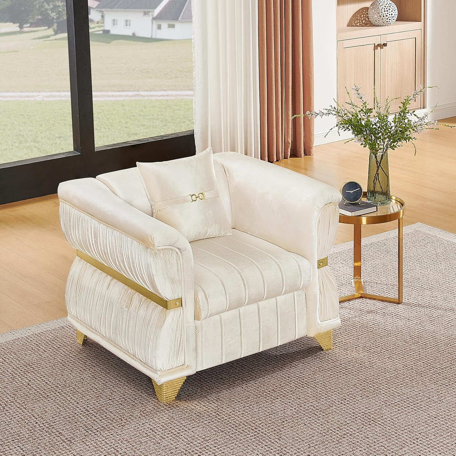 39.8" Chesterfield Accent Chair, Beige Velvet with Gold Metal Trim, Pleated Arms, Channel Stitch Cushions, Luxury Armchair for Living Room & Villa, 1 Pillow Included