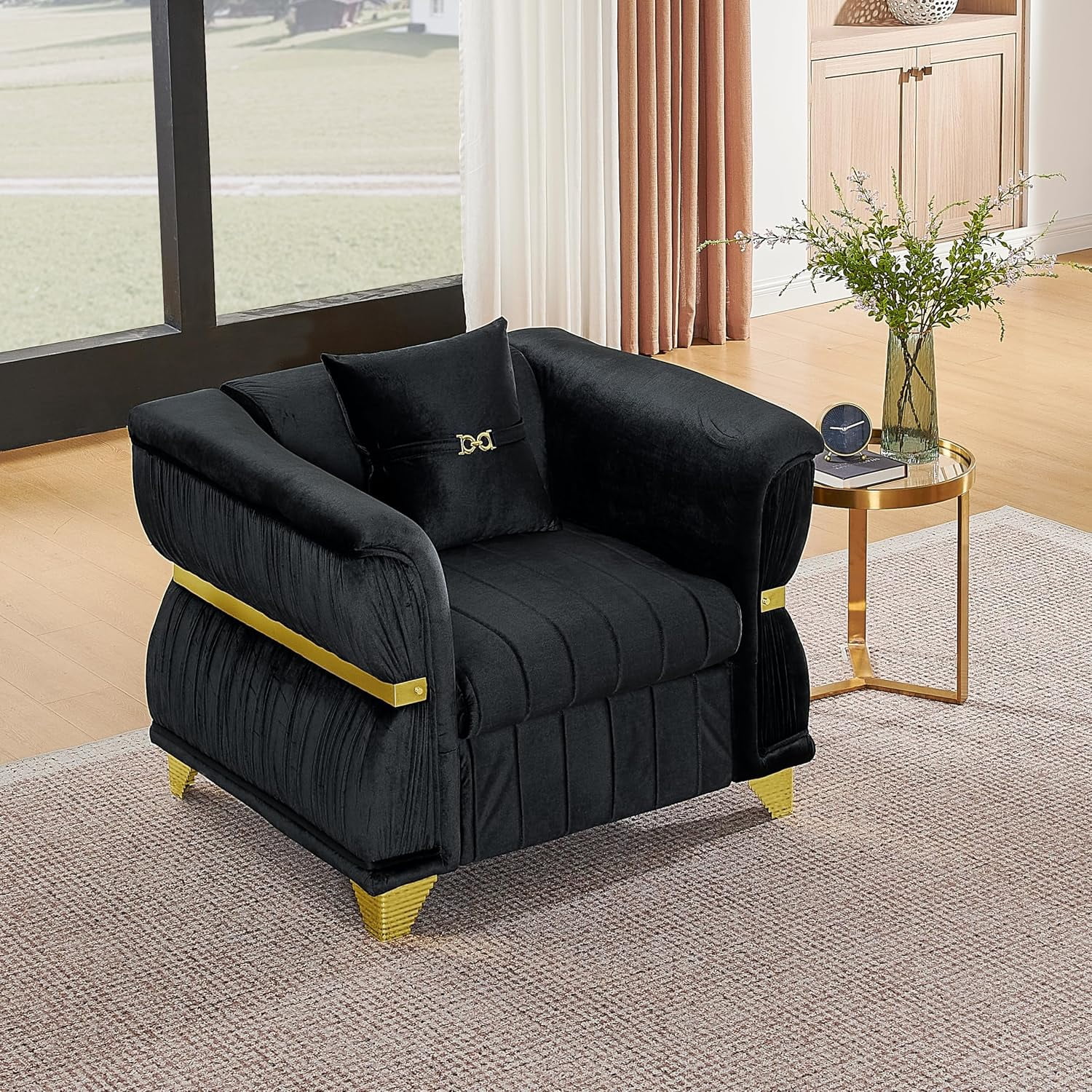 39.8" Chesterfield Accent Chair, Black Velvet with Gold Metal Trim, Pleated Arms, Channel Stitch Cushions, Luxury Armchair for Living Room & Villa, 1 Pillow Included