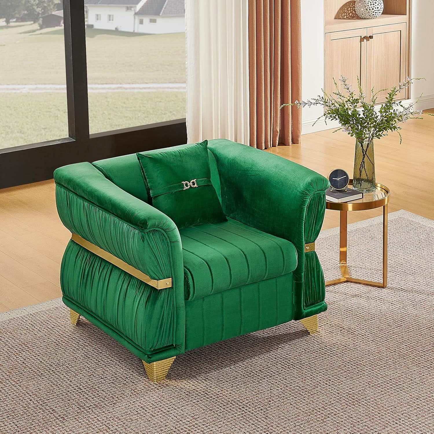 39.8" Chesterfield Accent Chair, Green Velvet with Gold Metal Trim, Pleated Arms, Channel Stitch Cushions, Luxury Armchair for Living Room & Villa, 1 Pillow Included