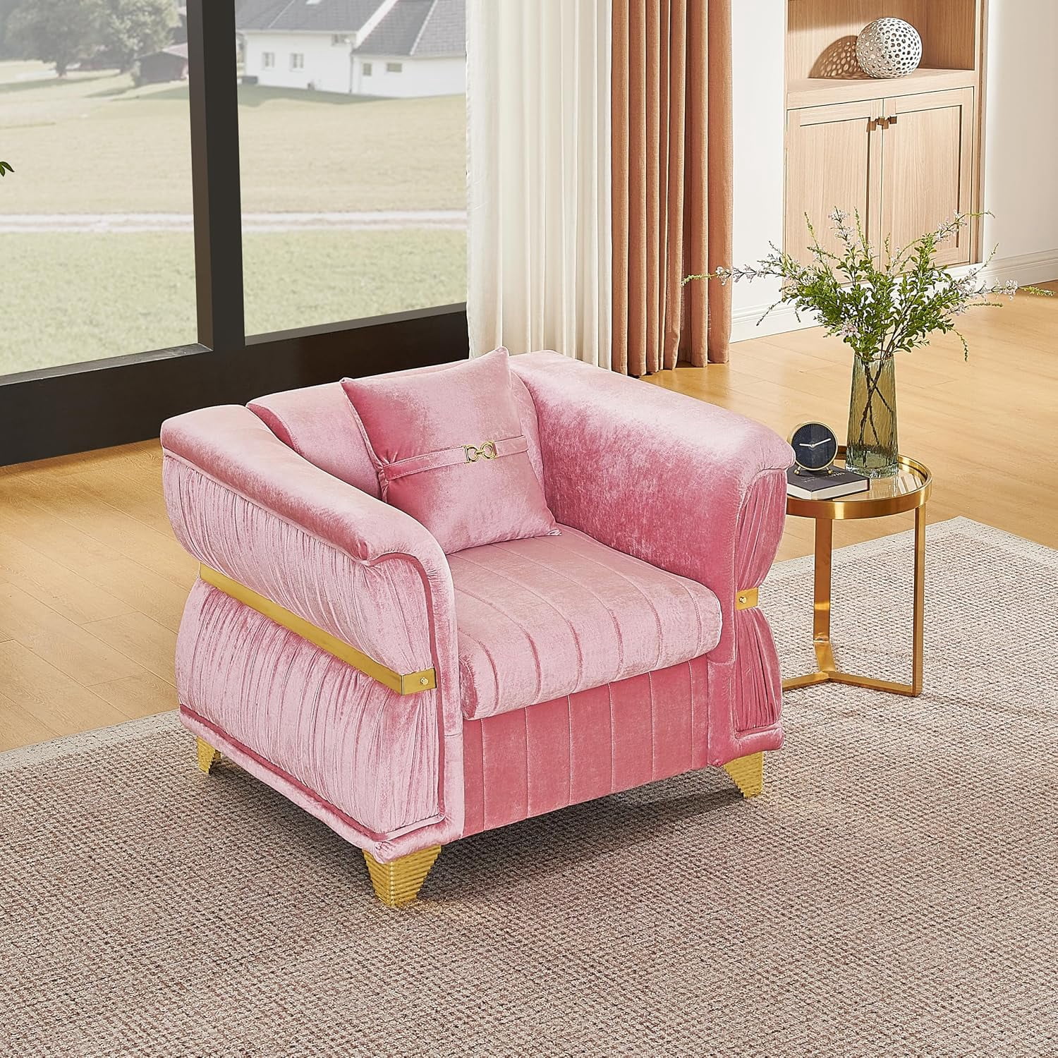 39.8" Chesterfield Accent Chair, Pink Velvet with Gold Metal Trim, Pleated Arms, Channel Stitch Cushions, Luxury Armchair for Living Room & Villa, 1 Pillow Included