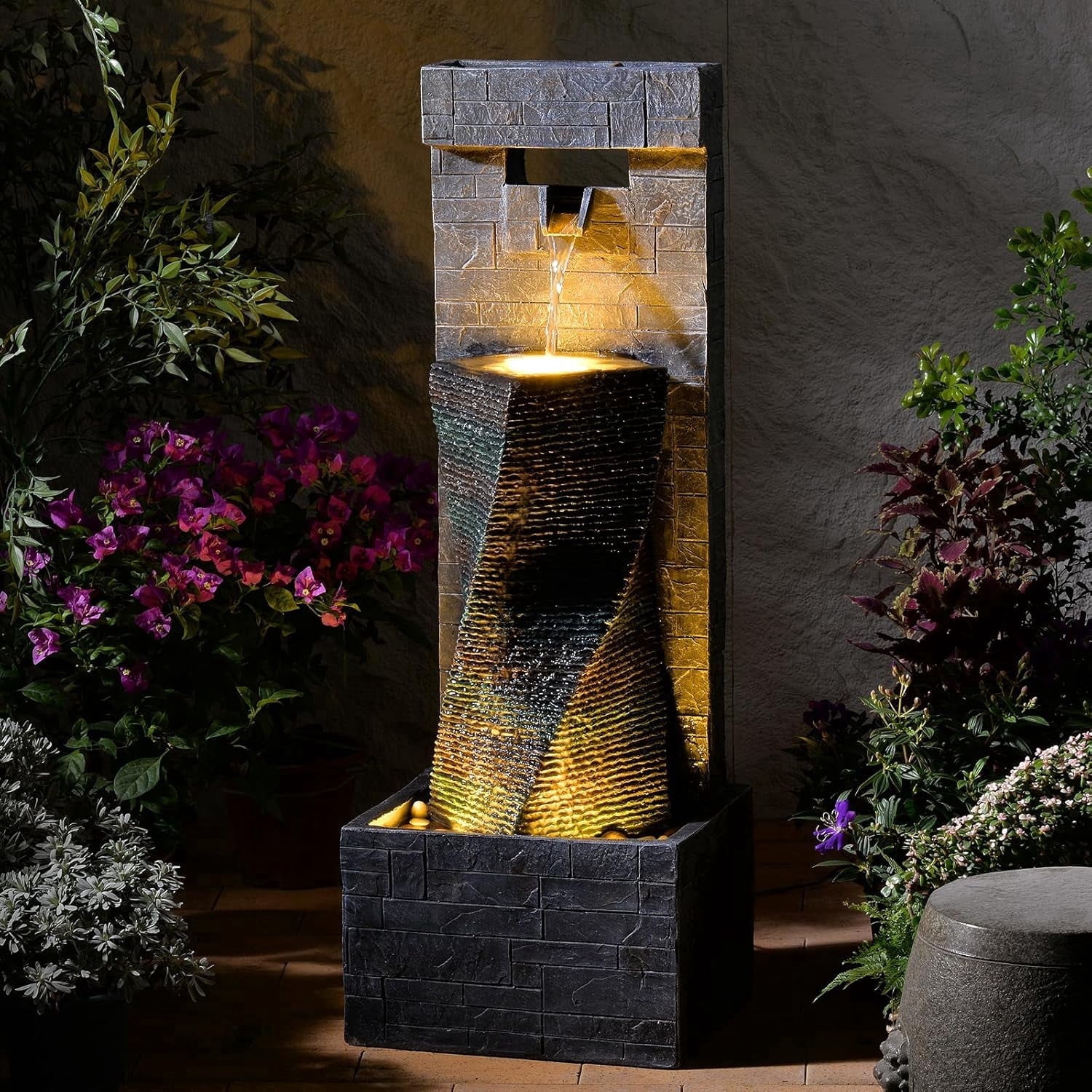 39.8’’ Tall Modern Spiral Waterfall Fountain Outdoor/Indoor Water Fountain Resin Stone-Like Water Feature with LED Lights for Outside, Garden, Patio, Porch, Deck, Backyard, Home Decor