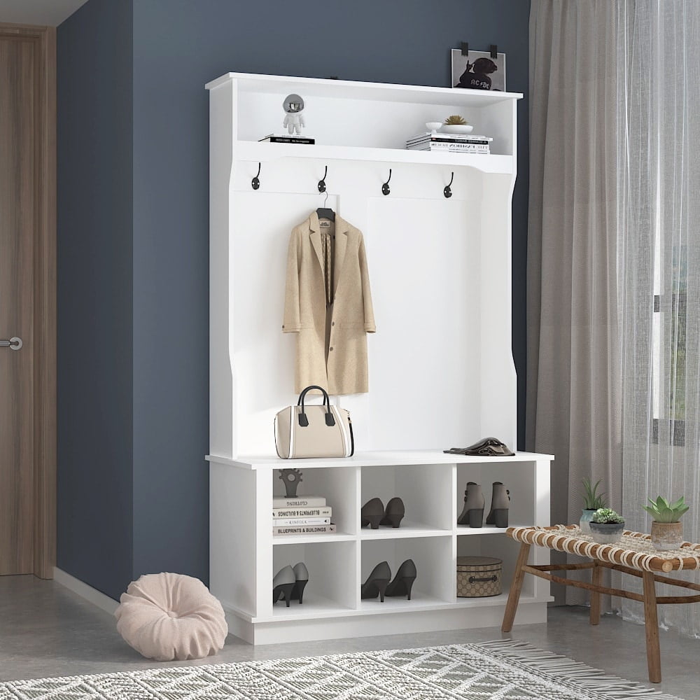 White Hall Tree with Bench and Shoe Storage Cabinet