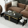 thumbnail image 1 of 39" Accent Coffee Table, Modern Storage Cabinet with Caster Wheels, Faux Marble Top, Gold Metal Bars and Drawer, Rectangle Moderate Luxury Center Cocktail Table for Living Room, Black, 1 of 9