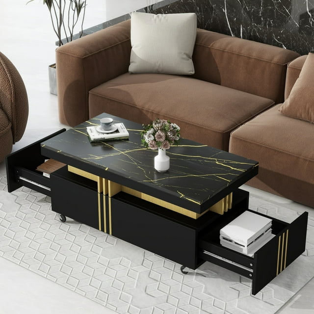 39" Accent Coffee Table, Modern Storage Cabinet with Caster Wheels, Faux Marble Top, Gold Metal Bars and Drawer, Rectangle Moderate Luxury Center Cocktail Table for Living Room, Black