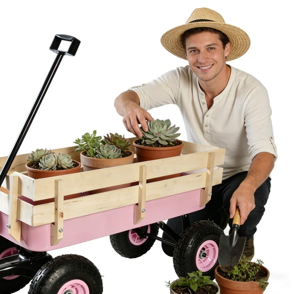 All-Terrain Outdoor Wagon Cart with Wood Rails & 10" Air Tires,Heavy Duty Steel Garden, Beach & Utility Cart, Foldable Handle, 176 lbs Capacity,Pink