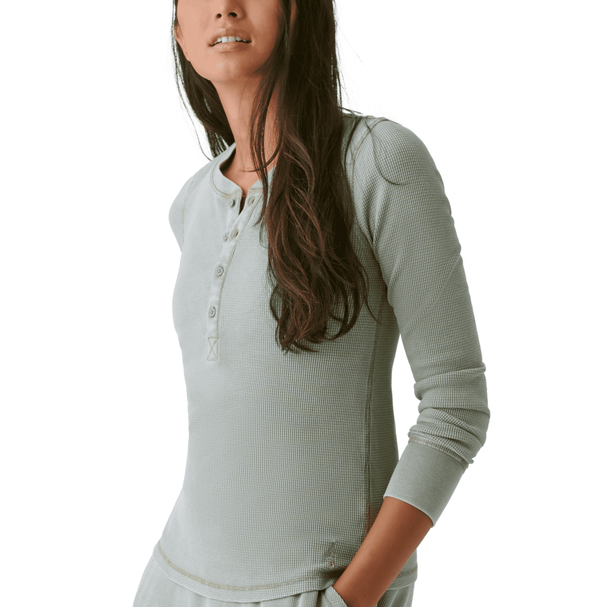 39 Bass Outdoor Womens Warm ButtonFront WaffleKnit Henley Top Green