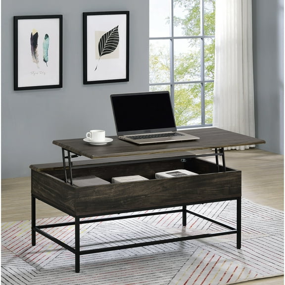 39" Brown Lift Top Coffee Table, Storage Space Within Tabletop, Material, Black Metal Frame, Adjustable Feet Brown, Tabletop With Capacity, Beveled Edge,