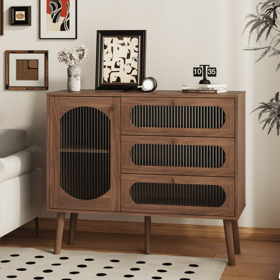 39" Buffet Cabinet with Storage, Accent Sideboard with 3 Drawers and 1 Door, Credenza Coffee Bar Cabinet, Media Console Entryway Cabinets for Living Room, Natural