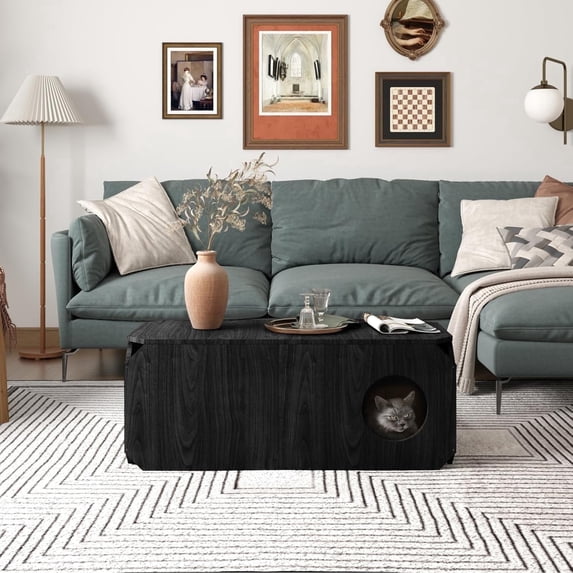 Pusnapku 39" Coffee Table, Farmhouse Rustic Center Table with Holes and Anti-Collision Corners, Wooden Rectangle Accent Table, for Living Room