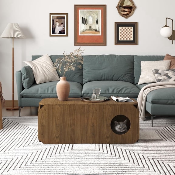 Pusnapku 39" Coffee Table, Farmhouse Rustic Center Table with Holes and Anti-Collision Corners, Wooden Rectangle Accent Table, for Living Room