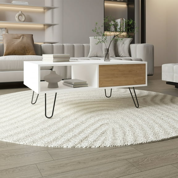 39" Coffee Table With Extension Drawer And Open Shelf, Freestanding For Living Room, White - Natural Oak Rectangular Metal Legs Storage,