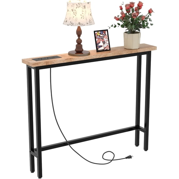 39" Console Table with Power Outlet, 5.9" Narrow Sofa Table, Oak | Entryway Table with Charging Station & 4.9 Ft Extension Cord & Adjustable Feet, behind Couch Table for Living Room, Hallway