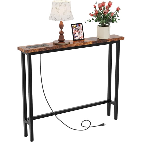 39" Console Table with Power Outlet, Narrow Sofa Table, Rustic Brown | Entryway Table with Charging Station & 4.9 Ft Extension Cord & Adjustable Feet, behind Couch Table for Living Room, Hallway