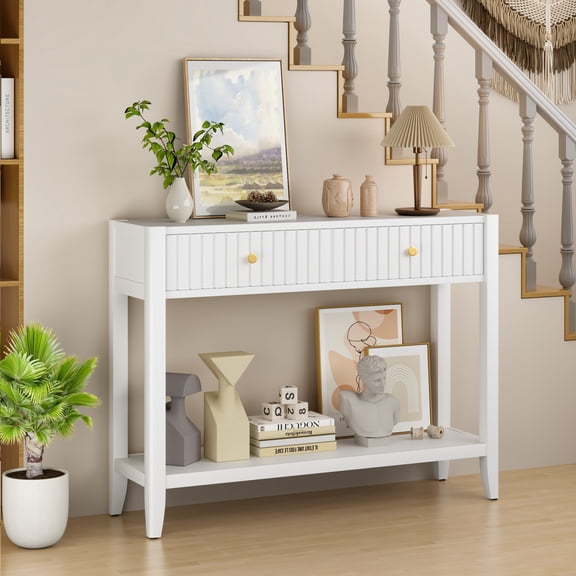 39" Console Table with 2 Drawers,Wood Narrow Accent Sofa Table Entryway Table with Storage Shelf for Living Room,Front Hall,Hallway,White