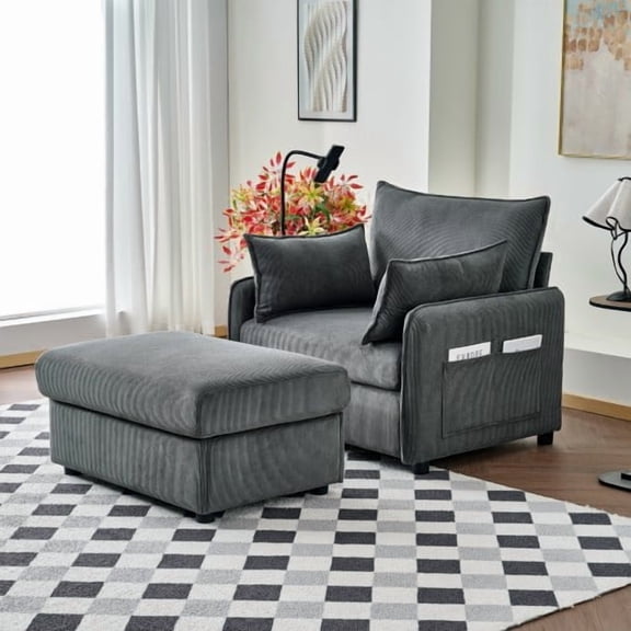 39" Corduroy Single Sofa Couch, Sillones Para Domitorio Single Sofa with USB Ports, Butacas Para Sala Sofa with Storage Ottoman for Living Room, Gray