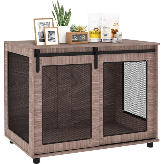 39" Dog Crate Furniture, Dog Kennel Furniture End Table with Sliding Barn Door, Pet Cage Table for Large Breeds, Walnut Brown