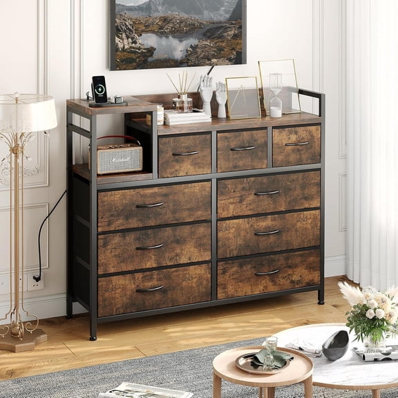 39" Fabric Drawer Dresser with Charging Station, Modern Storage Chest of Drawers with 9 Drawers and Shelf, TV Stand Dresser for Bedroom, Living Room, Hallway, Rustic Brown
