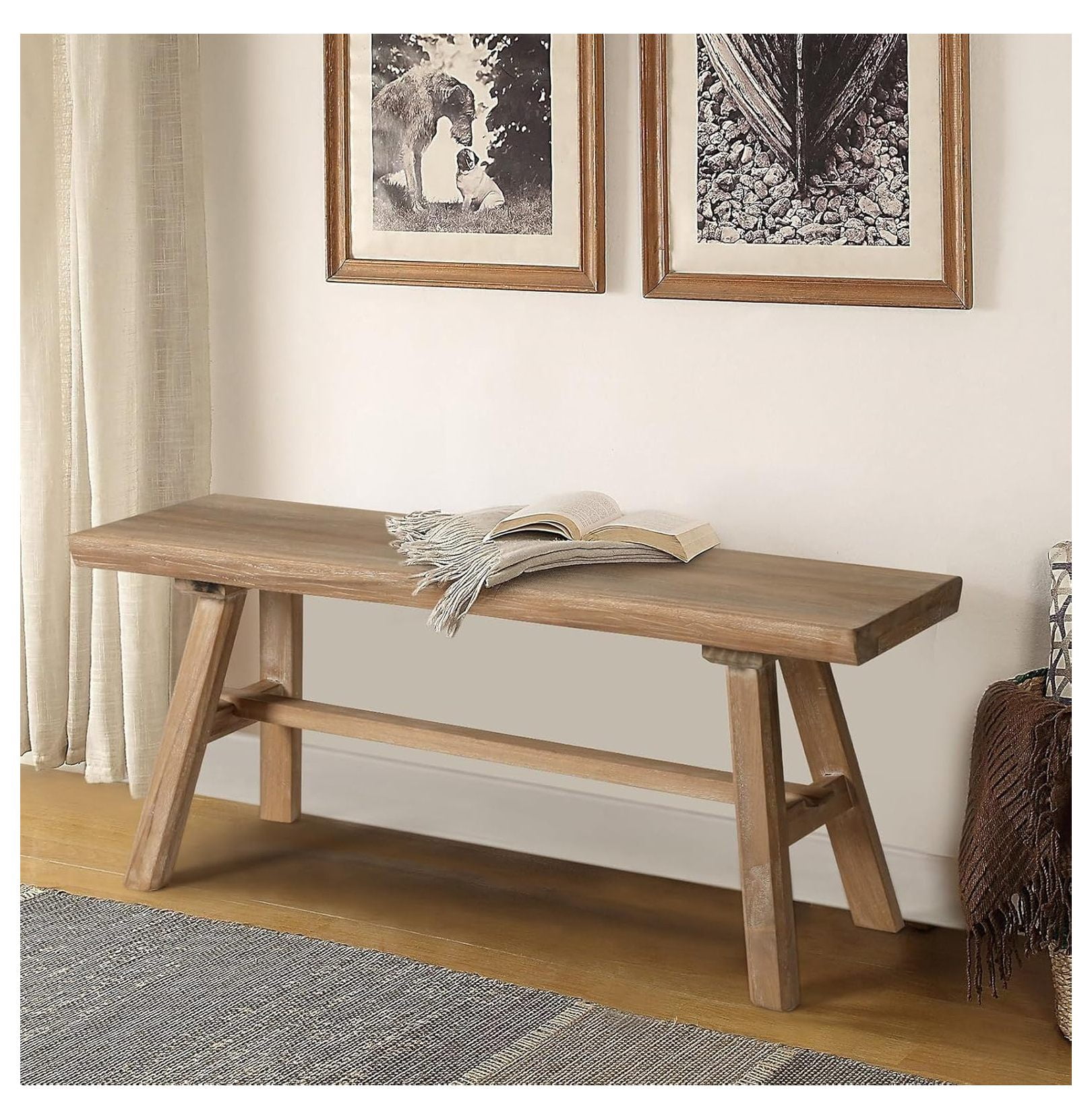 39" Farmhouse Bench, Rustic Solid Wood Dining Bench, Entryway Seat for Indoors, Easy Assembly, Natural Finish