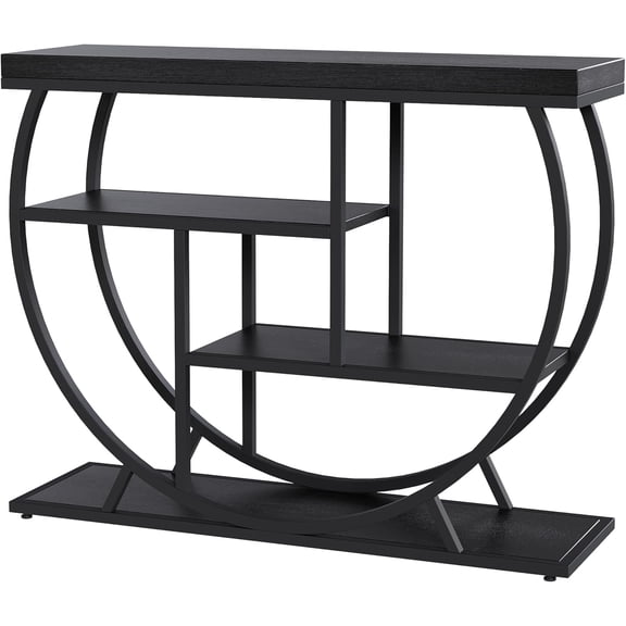39 in Farmhouse Console Table for Entryway, 4 Tier Rustic Hallway Table with Storage & Semi-Circular Metal Frame, Narrow Foyer Furniture for Living Room, Apartment, Behind Sofa, Black