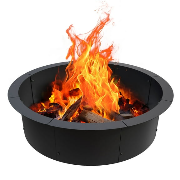 39" Fire Pit Ring for DIY Wood Burning Insert Campfire Firepit Rim Smokeless Fire Pit Liner with Collar Support for Patio, Backyard or Camping, Heavy Duty Metal Lasts Long Easy Assembly, Round, Black