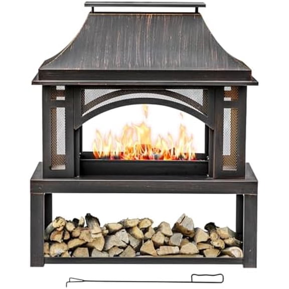 39" Fire Pits with Wood Storage for Outside, Large Wood Burning Outdoor Fireplace with Chimney, Mesh Spark Screen & Fire Poker, Idea for Backyard, , Party, Camping, Picnic