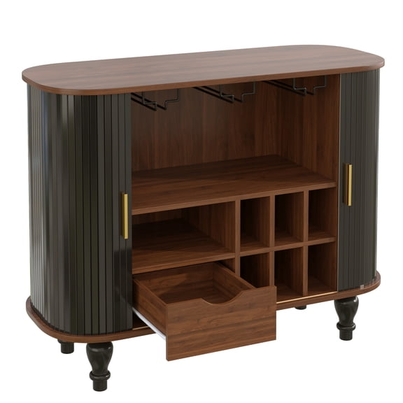 39" Fluted Liquor & Coffee Bar Cabinet with 6 Wine Racks and 3 Glass Holders, Bar Cabinet with A Large Storage Drawer, 4 Hidden Storage Space on the Side, Black