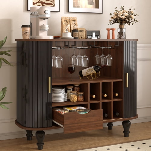 39" Fluted Liquor & Coffee Bar Cabinet with 6 Wine Racks and 3 Glass Holders, Mid-Century Modern Bar Cabinet with A Large Storage Drawer ,4 Hidden Storage Space on the Side , Black
