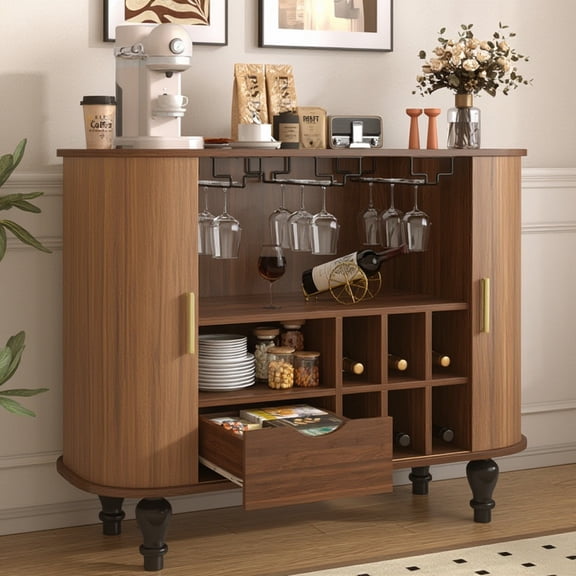 39" Fluted Liquor & Coffee Bar Cabinet with 6 Wine Racks and 3 Glass Holders, Mid-Century Modern Bar Cabinet with A Large Storage Drawer ,4 Hidden Storage Space on the Side , White
