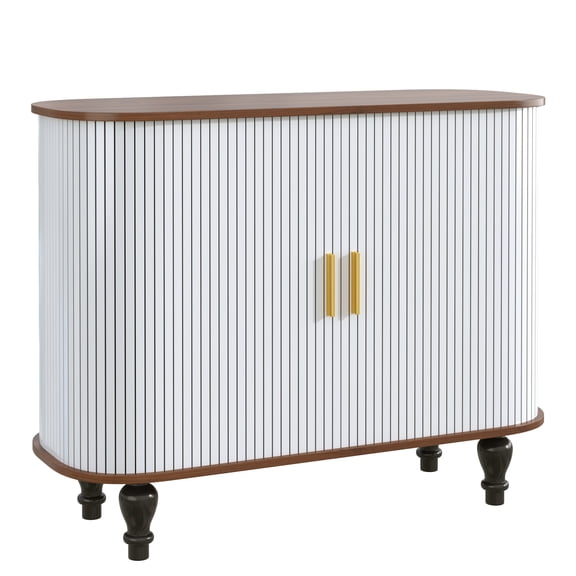 39" Fluted Liquor & Coffee Bar Cabinet with 6 Wine Racks and 3 Glass Holders, Mid-Century Modern Bar Cabinet with A Large Storage Drawer ,4 Hidden Storage Space on the Side, White