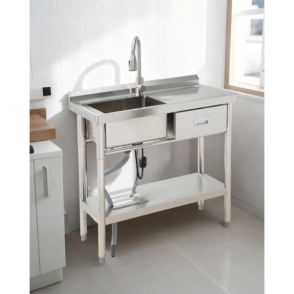 39" Freestanding Stainless Steel Utility Sink, Single Bowl with Drawer, Workbench, Rack, Faucet & Full Plumbing Kit | Utility Sink