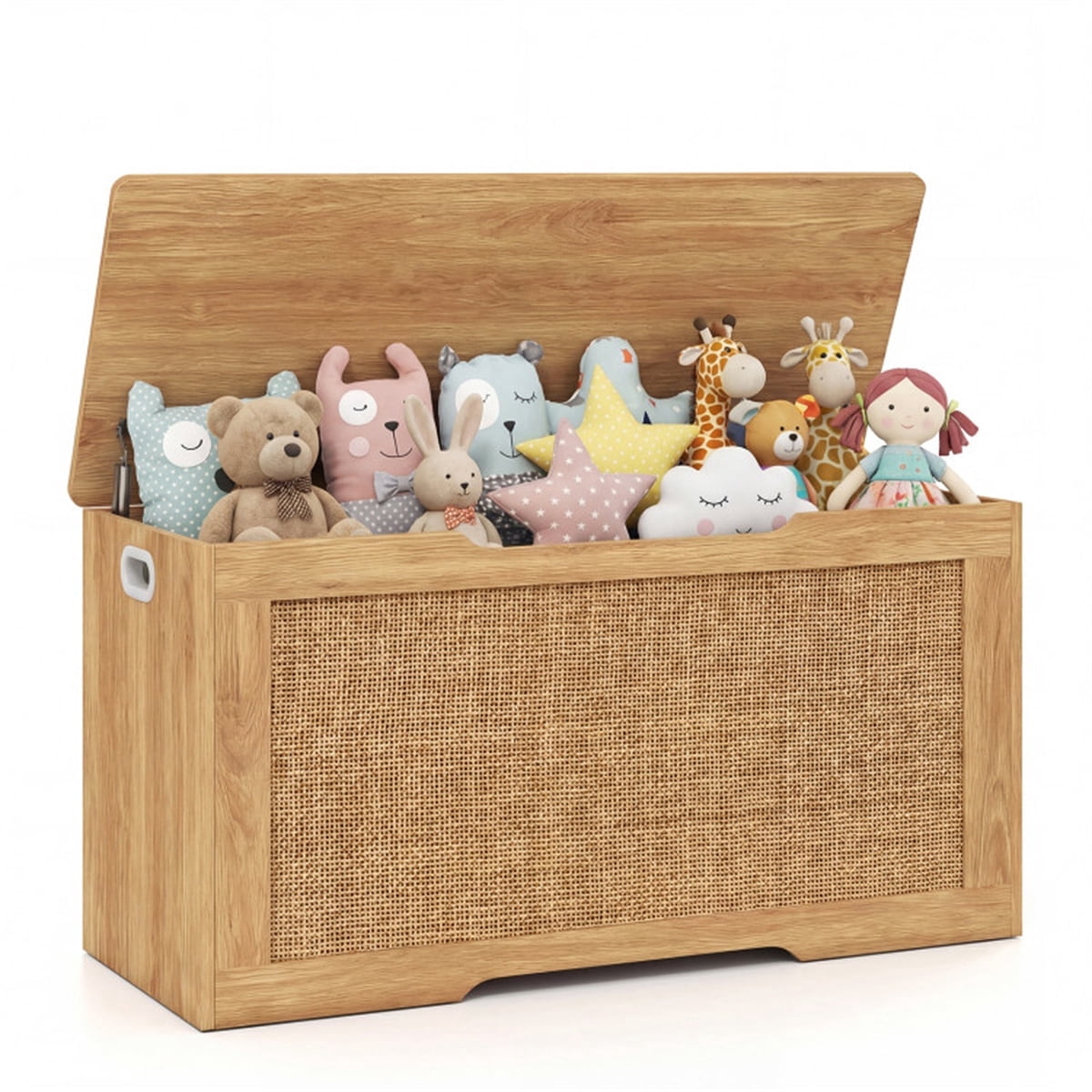 39 Gallon Natural Wooden Toy Box Storage Chest with Soft Close Lid Rattan Look Kids Storage Bench 350 lbs Weight Capacity for Playroom Bedroom Entryway