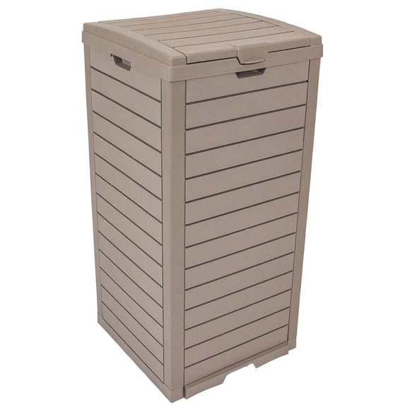 39-Gallon Patio Trash Can with Lid - Outdoor Garbage Can with Built-in Drip Tray - Weather-Resistant Resin - Light Gray