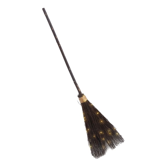 39" Glowing Halloween Witch Broomstick Prop with Natural Straw, Flying Wizard Broom Light Up Decoration for Indoor Outdoor Party, Movie Theater Stage Use