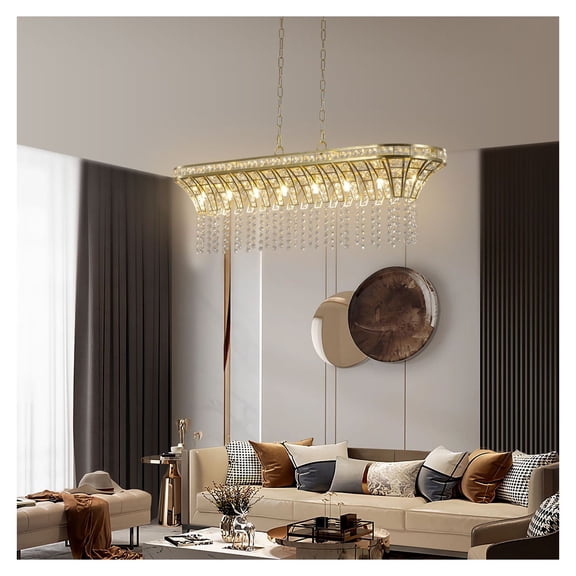 39" Gold Crystal Chandelier Linear Pendant Light, Rectangular Dining Room Living Room Lighting, Adjustable Height Modern Elegant Design (Bulb Not Included)