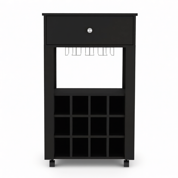 39" H Black Bar Coffee Cart with 12 Bottle Racks, Kitchen or Living Room Cabinet Storage, Central Shelf, Cup Holder and Drawer for Small Items