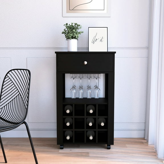 39" H Black Cabinet For Storage - 12 Bottle , 1 Cup Holder, Versatile Drawer Wine Display