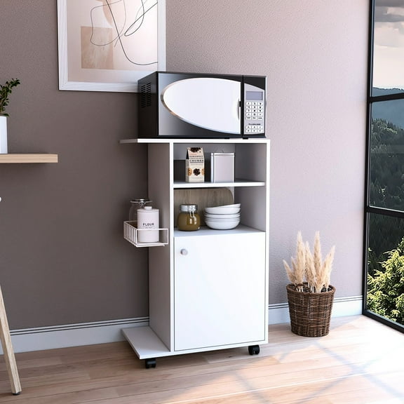 39" H Kitchen Cart In White, Single Door Cabinet & Side Shelf, Four Wheels, Microwave Countertop, And Serviceable Modern H, With Functional Aspect