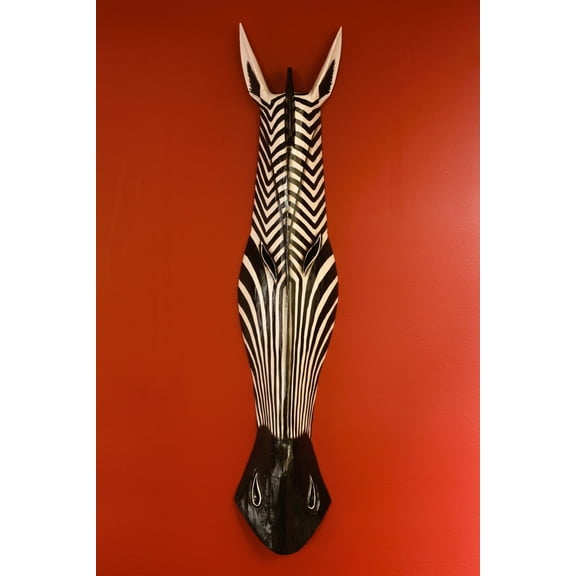 39" Hand Carved Zebra Wall Mask, African Animal Home Decor, Wide Stripe Design