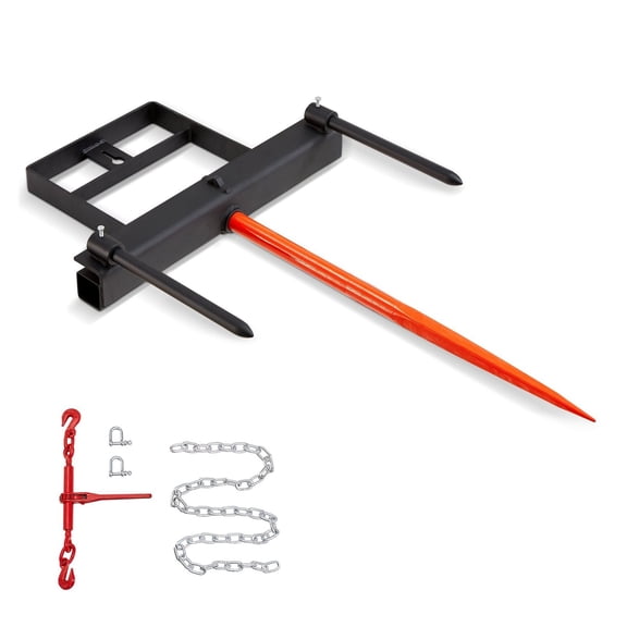 39" Hay Spear, Skid Steer Tractor Attachment, 1600lbs Capacity with Stabilizer Spears & Chain - Bale Spears, Quick Attach Spike Forks