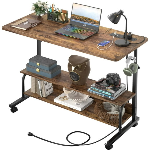39" Height Adjustable Standing Desk with Power Outlets - Manual Rolling Stand Up Desk with Wheels Small Portable Computer Desk Mobile Laptop Table with Storage Shelves for Home Office, Rustic