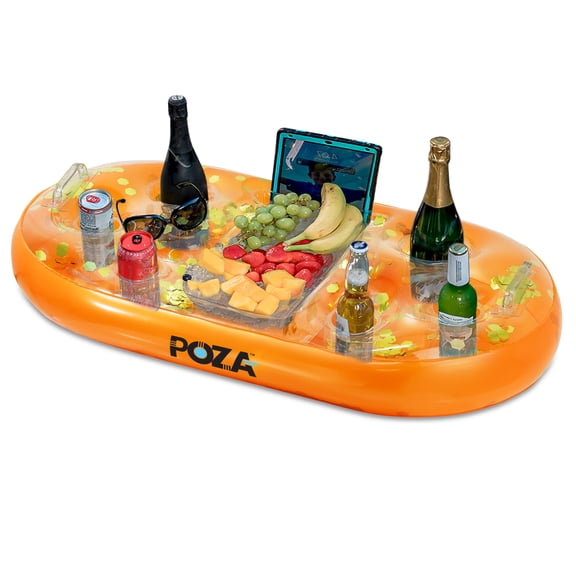 POZA Inflatable Orange Gold Floating Cooler - Drink Holder Filled with Sparkly Confetti, Premium Party Float with 8 Cup Holders, Serving Bar for Beach, Lake, Hot Tub, Jacuzzi and Pool - 39x23 Inch