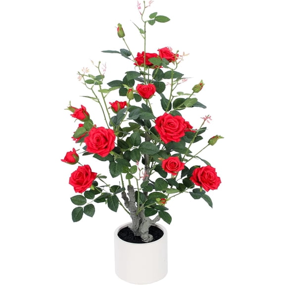39 Inch Artificial Rose Tree with White Planter 3 Ft 3 In Red