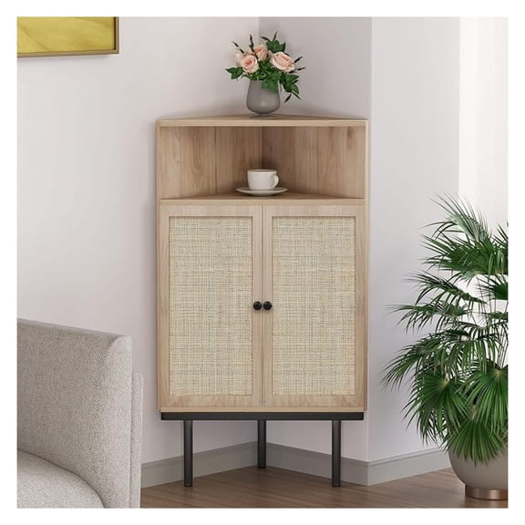 39 Inch Boho Corner Cabinet with Rattan Doors, Farmhouse 4-Tier Storage Shelf with Metal Legs, Small Space Organizer for Bathroom, Living Room